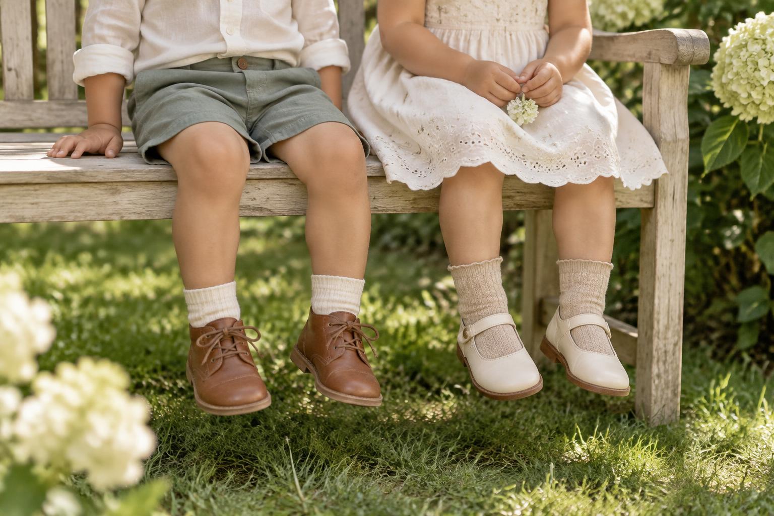 Toddlers in classic leather shoes enjoying a sunny moment on a garden bench — illustrative lifestyle photograph